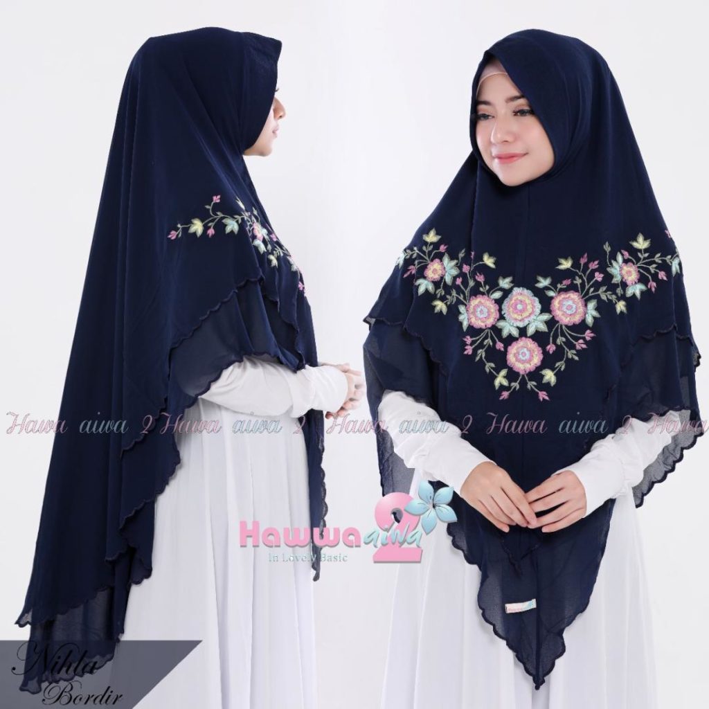 Khimar Nihla Bordir by Hawwa Aiwa Kerudung Pet Bahan Ceruti Babydoll 10 Warna Biru Dongker Navy