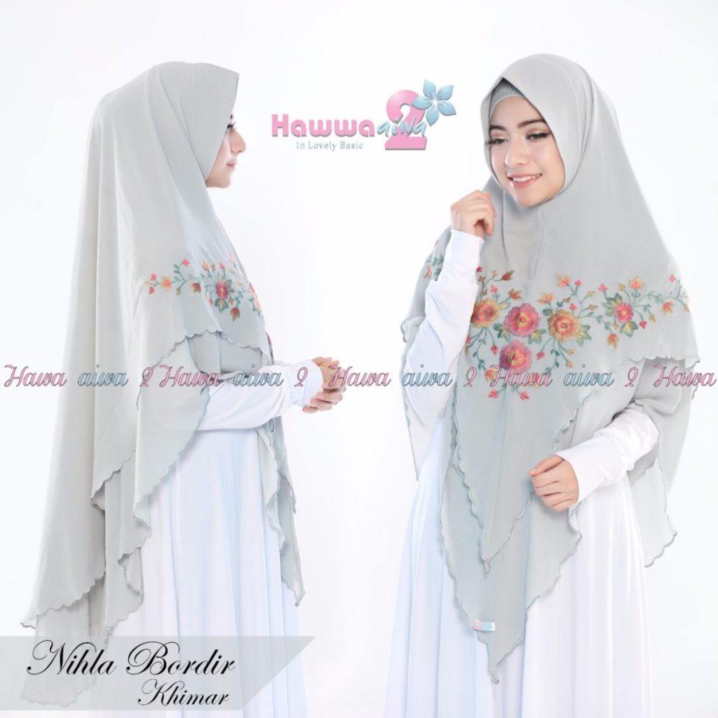 Khimar Nihla Bordir by Hawwa Aiwa Kerudung Pet Bahan Ceruti Babydoll 2 Warna Abu Muda