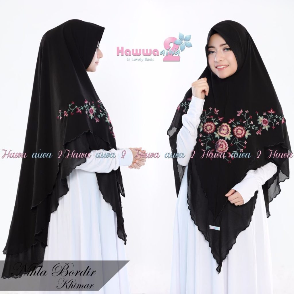 Khimar Nihla Bordir by Hawwa Aiwa Kerudung Pet Bahan Ceruti Babydoll 3 Warna Hitam