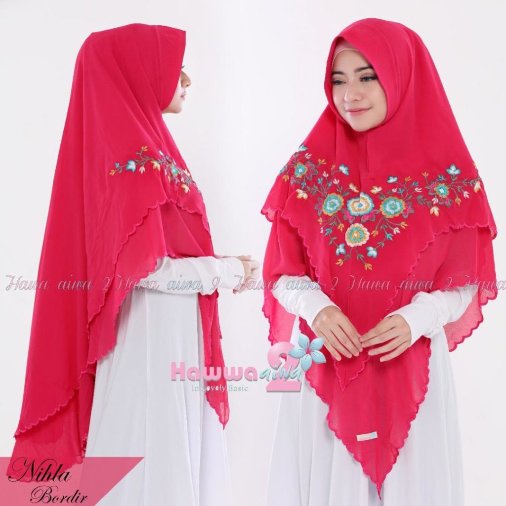 Khimar Nihla Bordir by Hawwa Aiwa Kerudung Pet Bahan Ceruti Babydoll 4 Warna Merah