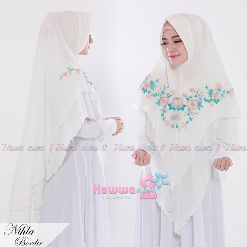 Khimar Nihla Bordir by Hawwa Aiwa Kerudung Pet Bahan Ceruti Babydoll 6 Warna Putih