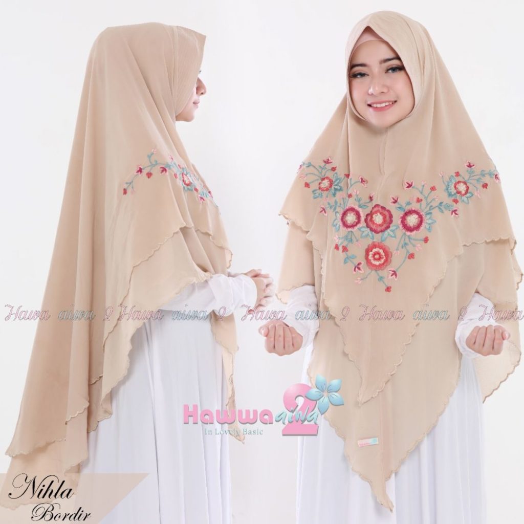 Khimar Nihla Bordir by Hawwa Aiwa Kerudung Pet Bahan Ceruti Babydoll 8 Soft Mocca