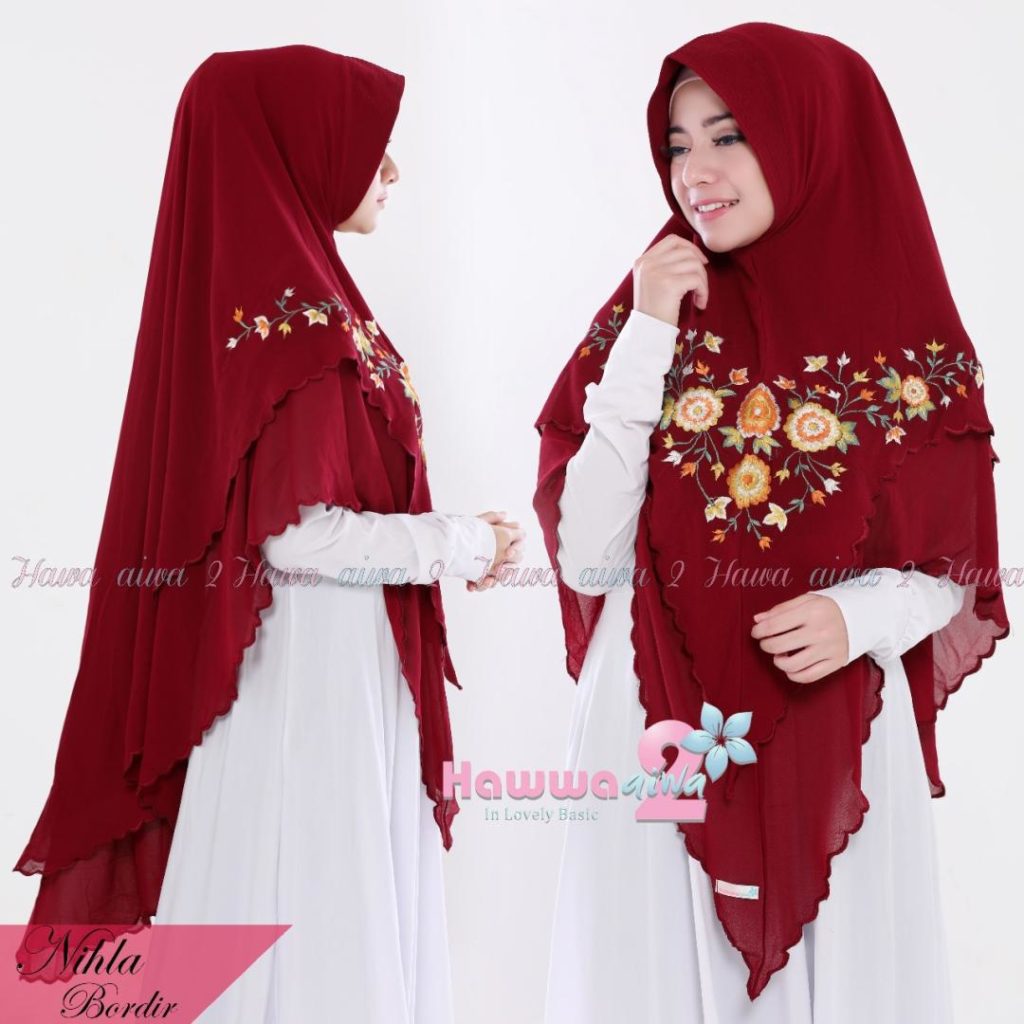 Khimar Nihla Bordir by Hawwa Aiwa Kerudung Pet Bahan Ceruti Babydoll 9 Merah Marun
