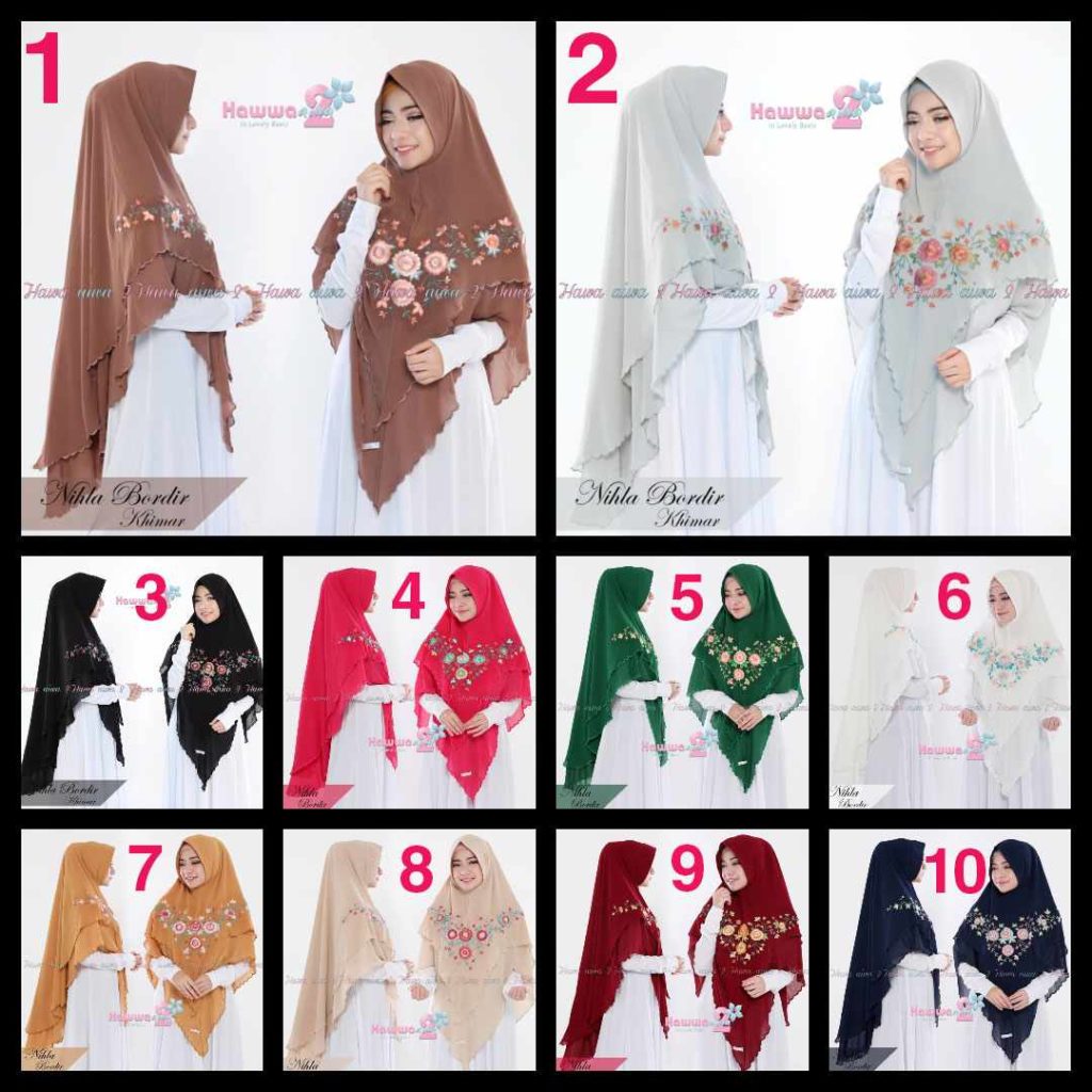 Khimar Nihla Bordir by Hawwa Aiwa Kerudung Pet Bahan Ceruti Babydoll Pilihan Warna